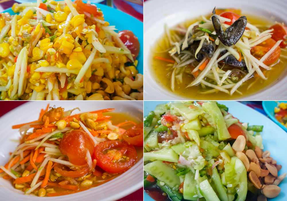 A variety of sum tum: made with corn, fermented crab, carrot, and cucumber